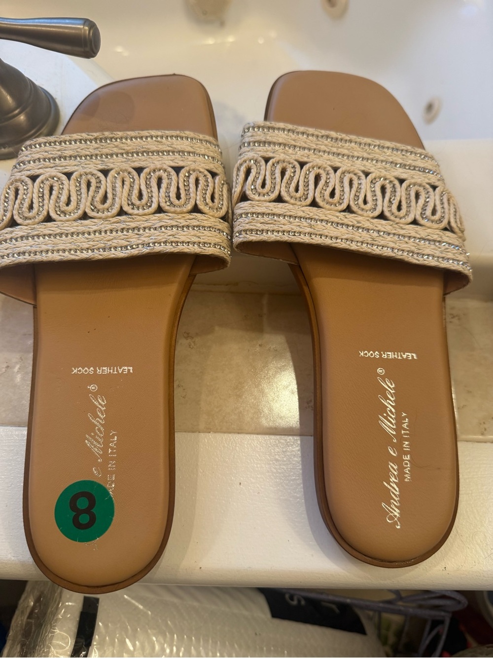 Tan Slide Sandals with Cream Embroidered Strap